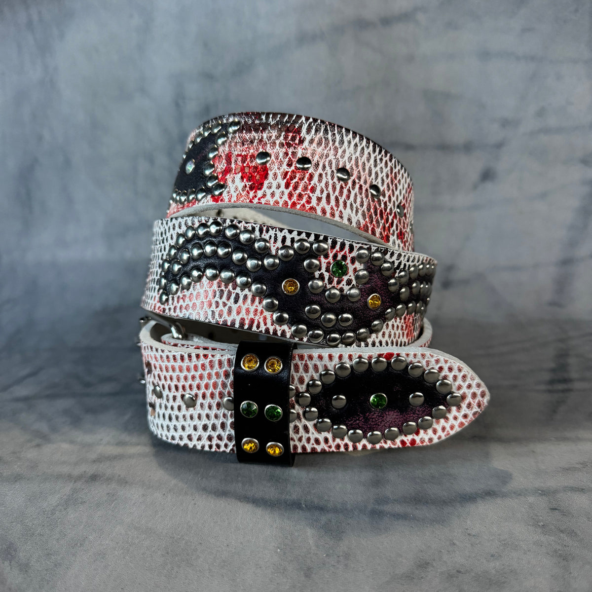 Python white + black/red Embossed Origins Belt (distressed pink/black)