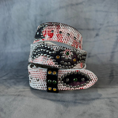 Python white + black/red Embossed Origins Belt (distressed pink/black)