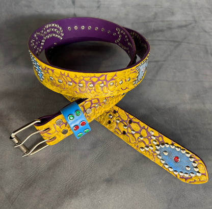 Elephant Yellow + purple Embossed Origins Belt (distressed blue)