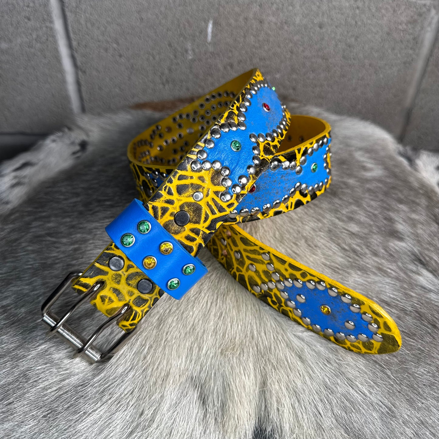 Elephant Yellow + Black Embossed Origins Belt (distressed blue)