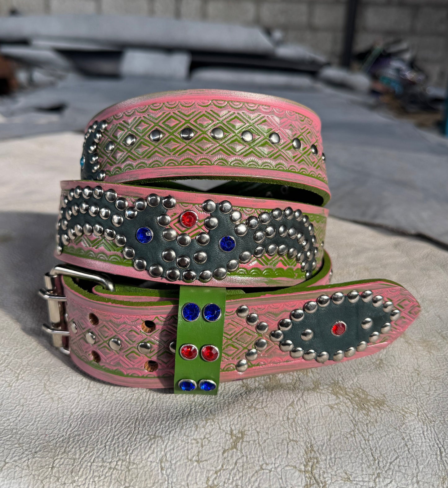 Traditional green + pink Embossed Origins Belt (grey)