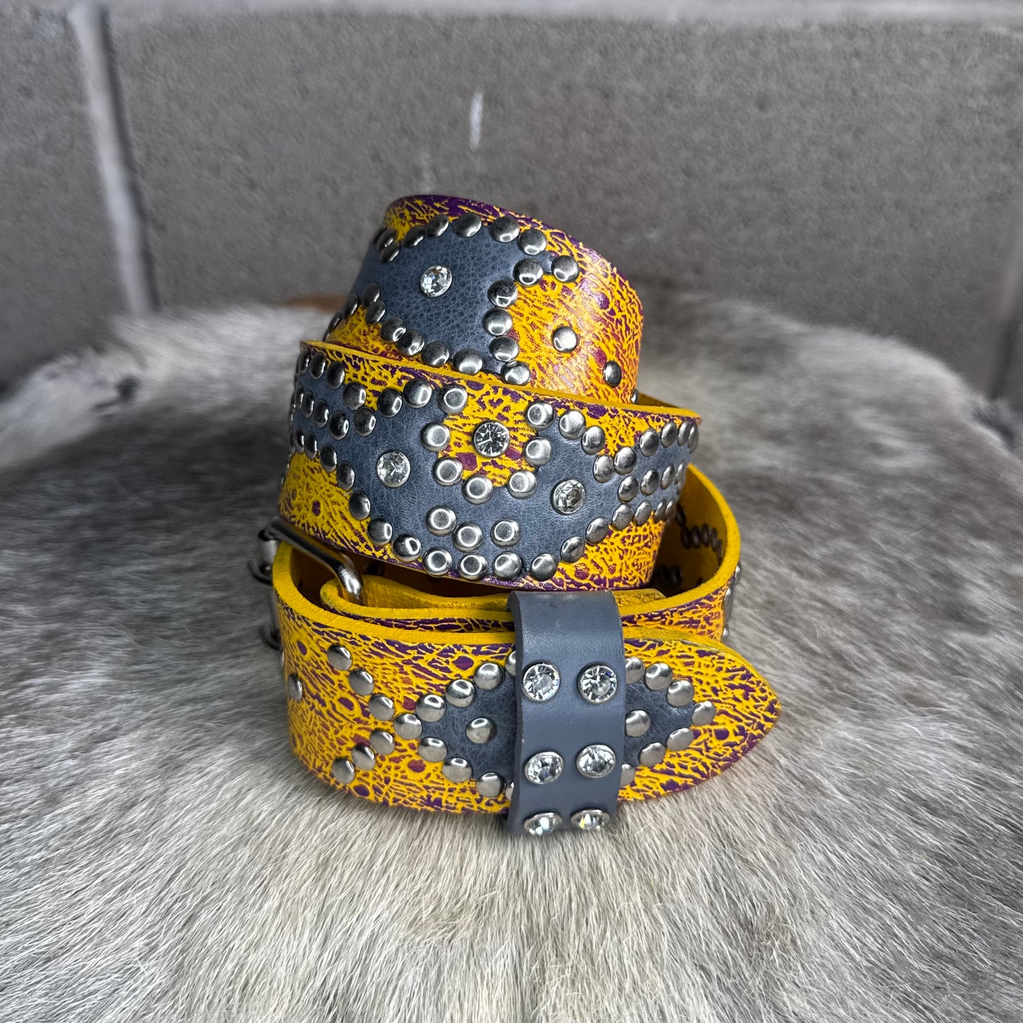 Ostrich Yellow + Purple Embossed Origins Belt (grey)