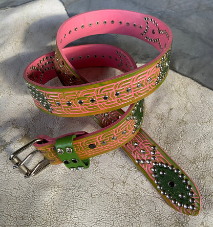 Traditional pink + Olive Green Embossed Origins Belt (distressed green)