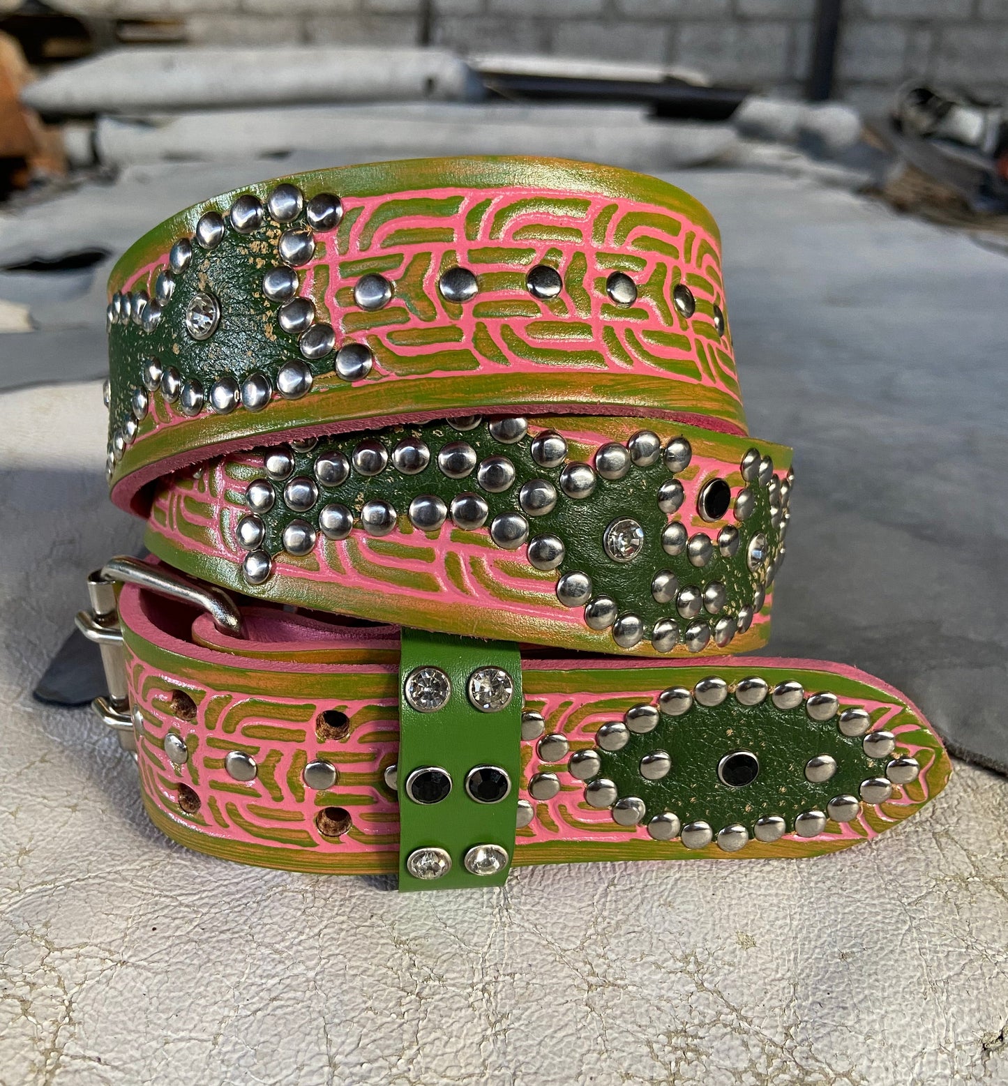 Traditional pink + Olive Green Embossed Origins Belt (distressed green)