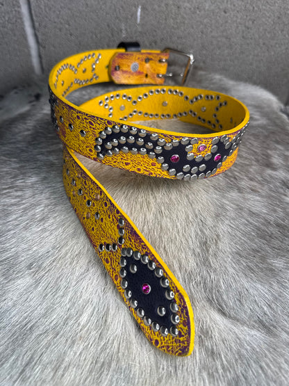 Ostrich Yellow + Purple Embossed Origins Belt (black)