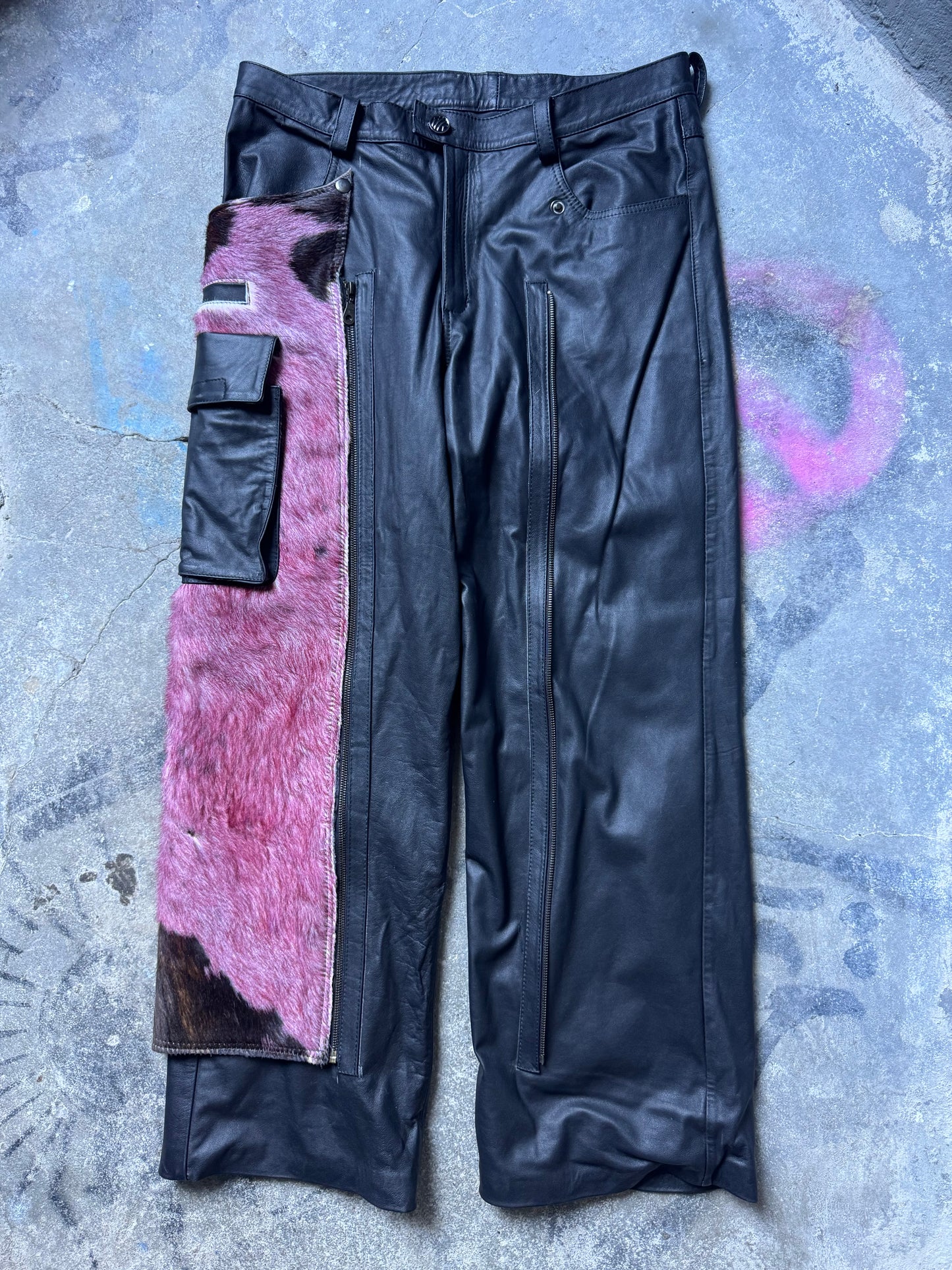 Pink cowhide cargo chaps