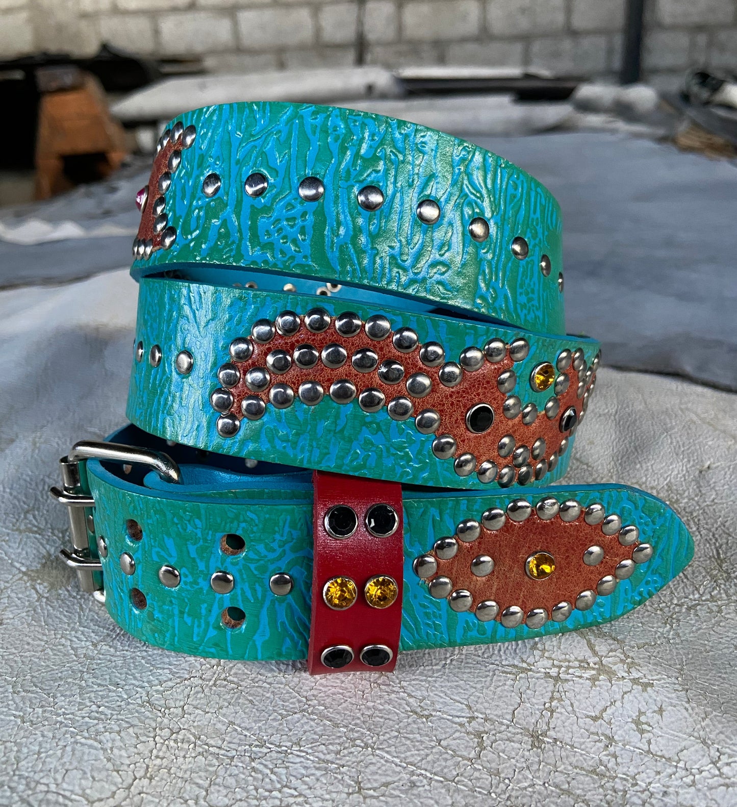 Reptile Sky Blue + Lime Green Embossed Origins Belt (crystalized orange)