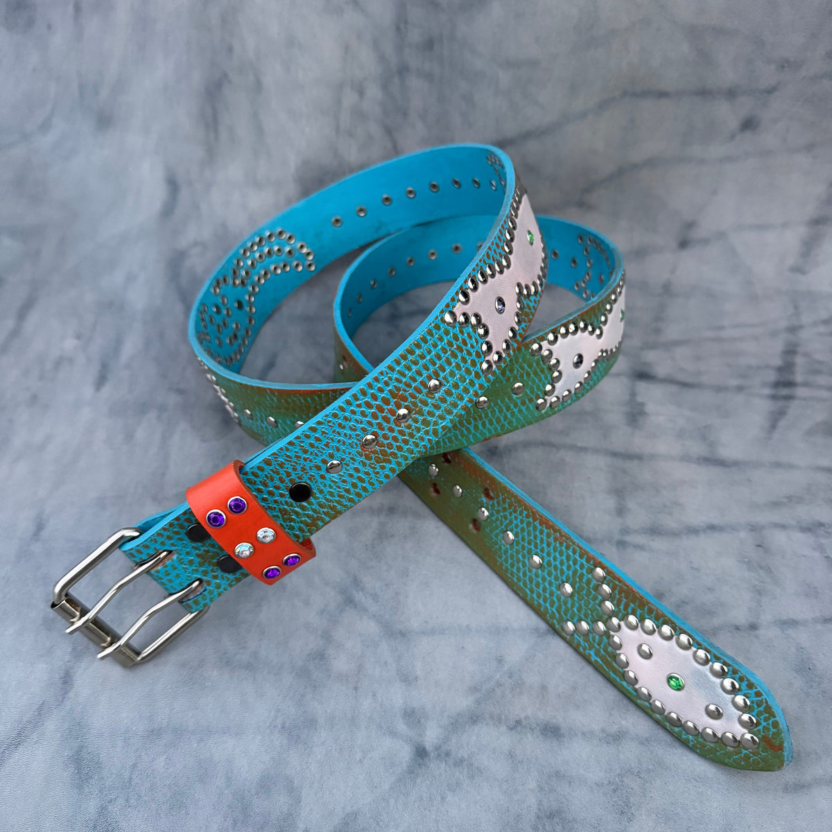 Python Sky Blue + Orange Embossed Origins Belt (white)