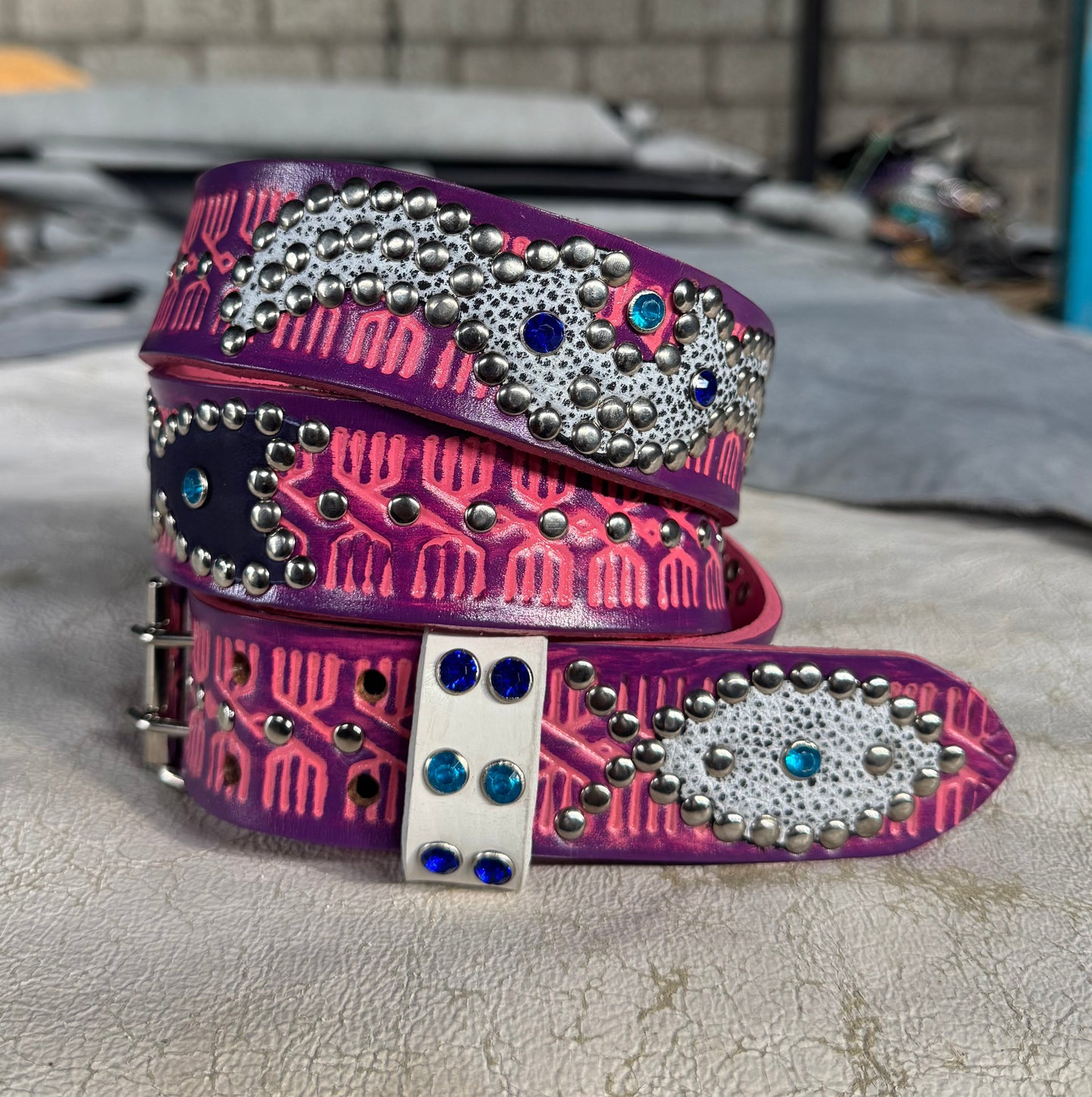 Traditional pink + purple Embossed Origins Belt (dark purple/distressed white)