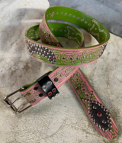 Traditional green + pink Embossed Origins Belt (distressed black/pink)