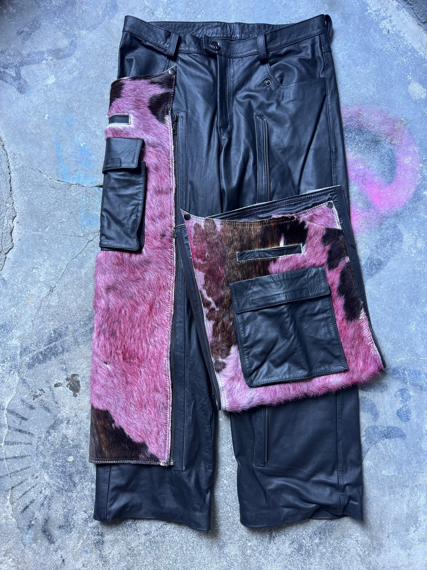 Pink cowhide cargo chaps