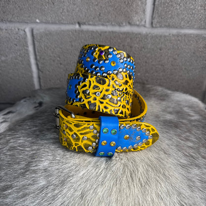 Elephant Yellow + Black Embossed Origins Belt (distressed blue)