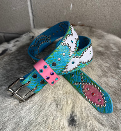Reptile Sky Blue + Lime Green Embossed Origins Belt (white/pink)
