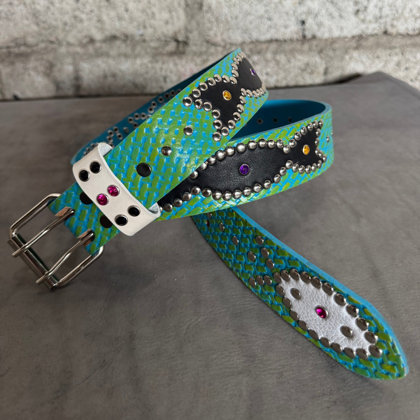 Traditional turquoise + lime green Embossed Origins Belt (black/white)