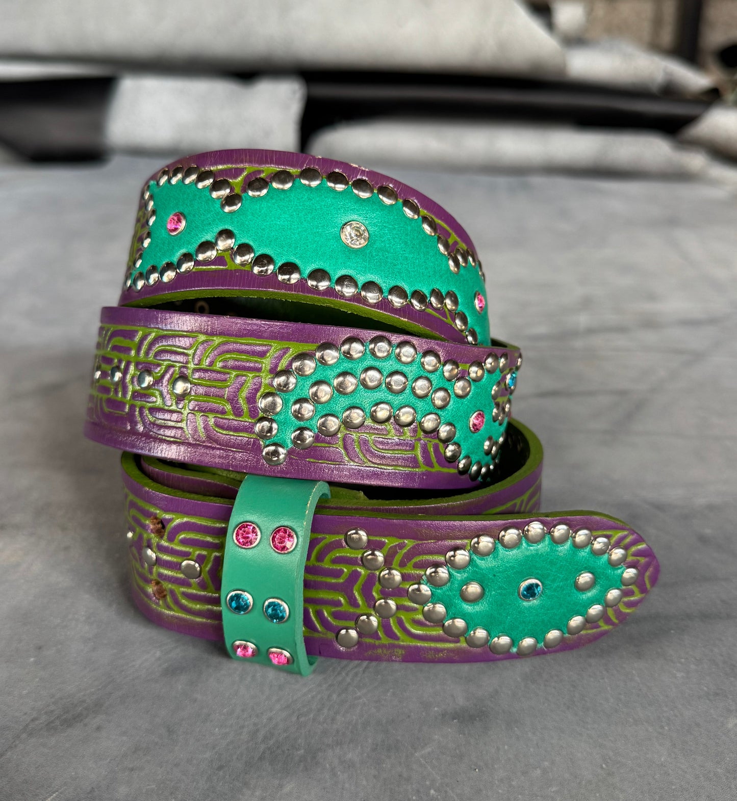 Traditional green + purple Embossed Origins Belt (waxed turquoise)
