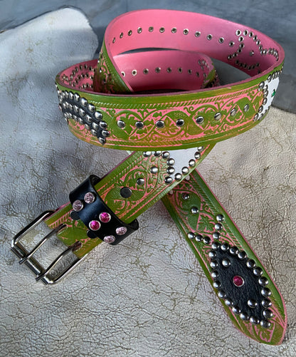 Traditional pink + Olive Green Embossed Origins Belt (white/black)
