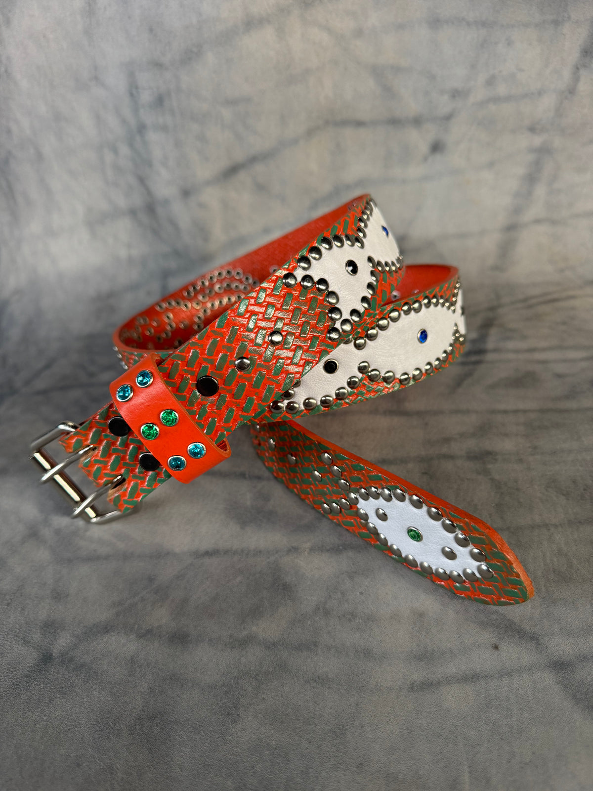 Traditional orange + turquoise Embossed Origins Belt (white)