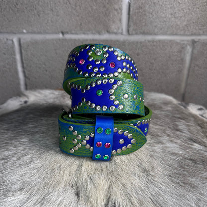 Ostrich green + blue Embossed Origins Belt (blue)