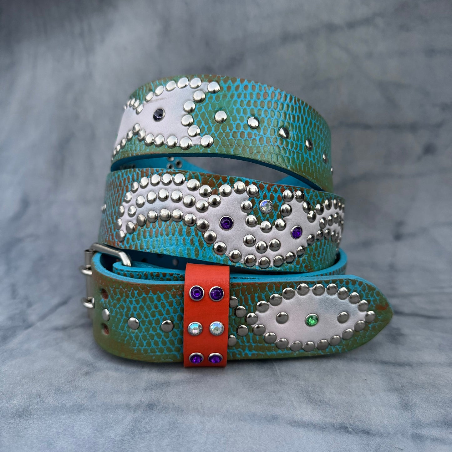 Python Sky Blue + Orange Embossed Origins Belt (white)