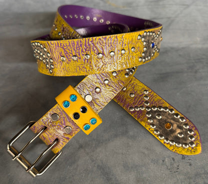 Reptile purple + yellow Embossed Origins Belt (distressed black/tan)