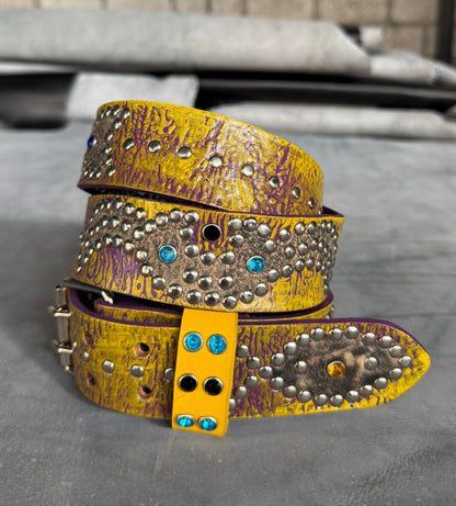 Reptile purple + yellow Embossed Origins Belt (distressed black/tan)