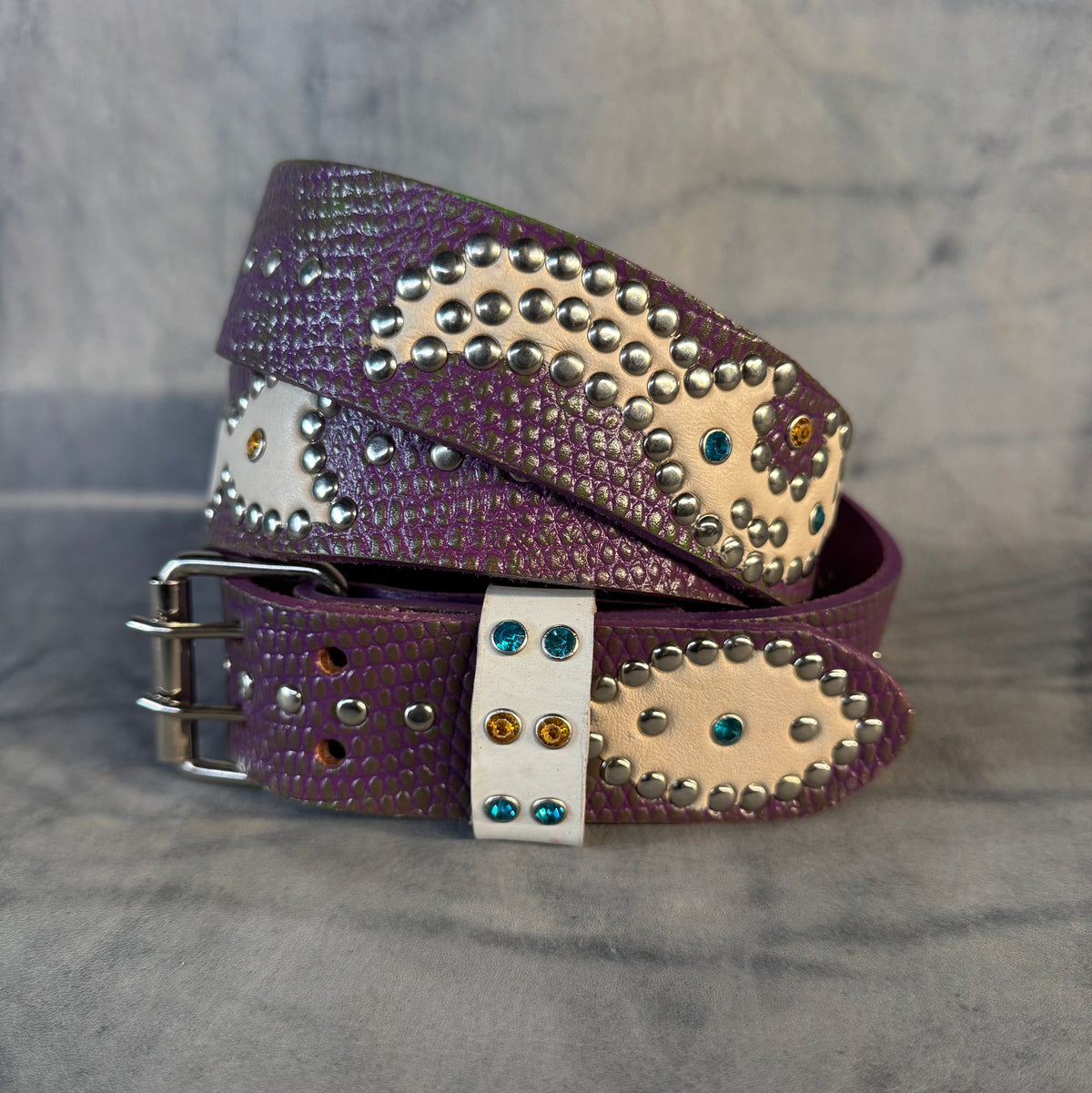 Python purple + green Embossed Origins Belt (off white)