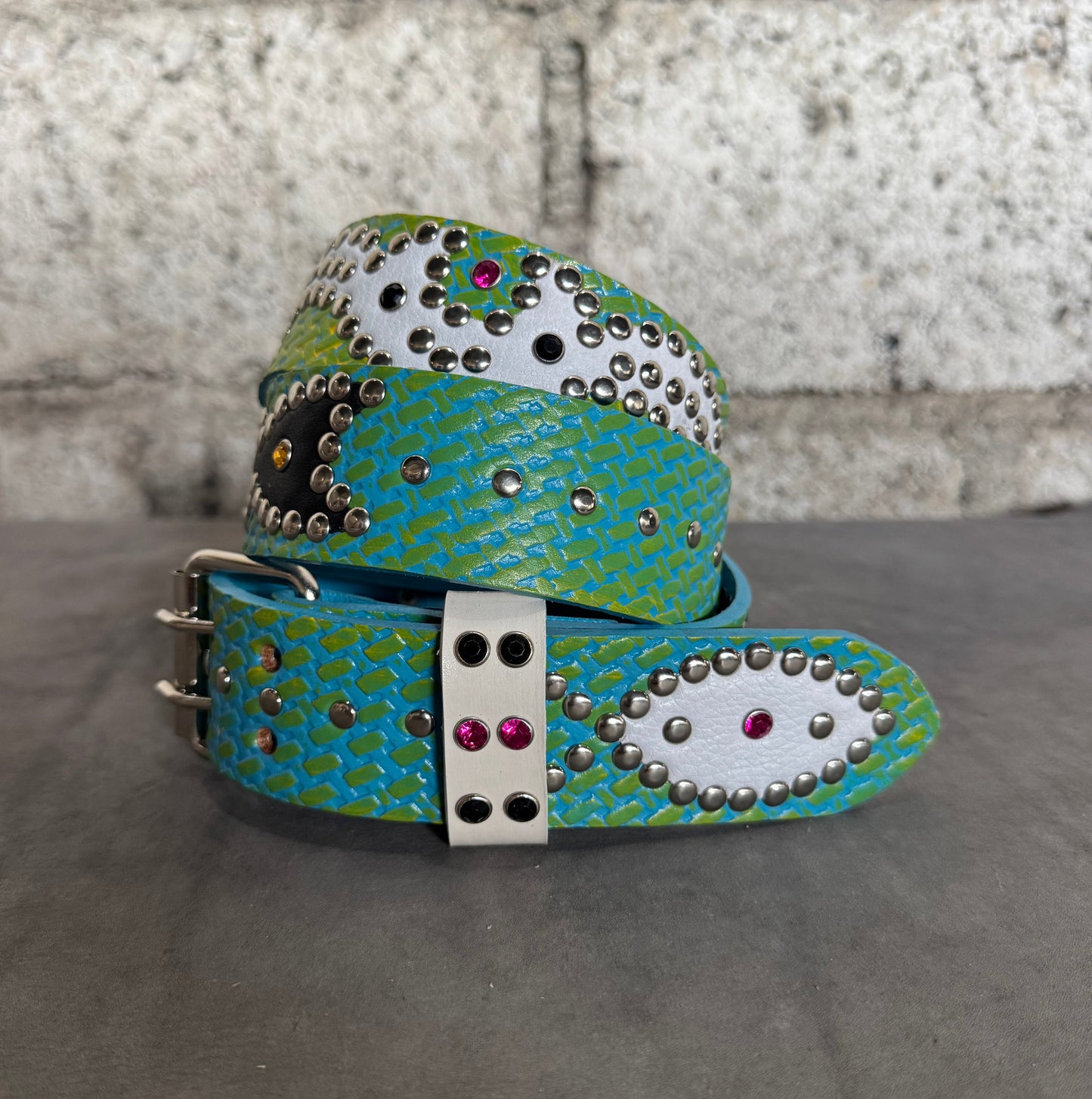 Traditional turquoise + lime green Embossed Origins Belt (black/white)