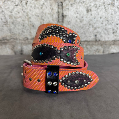 Traditional Pink + yellow Embossed Origins Belt (pink/black distressed)