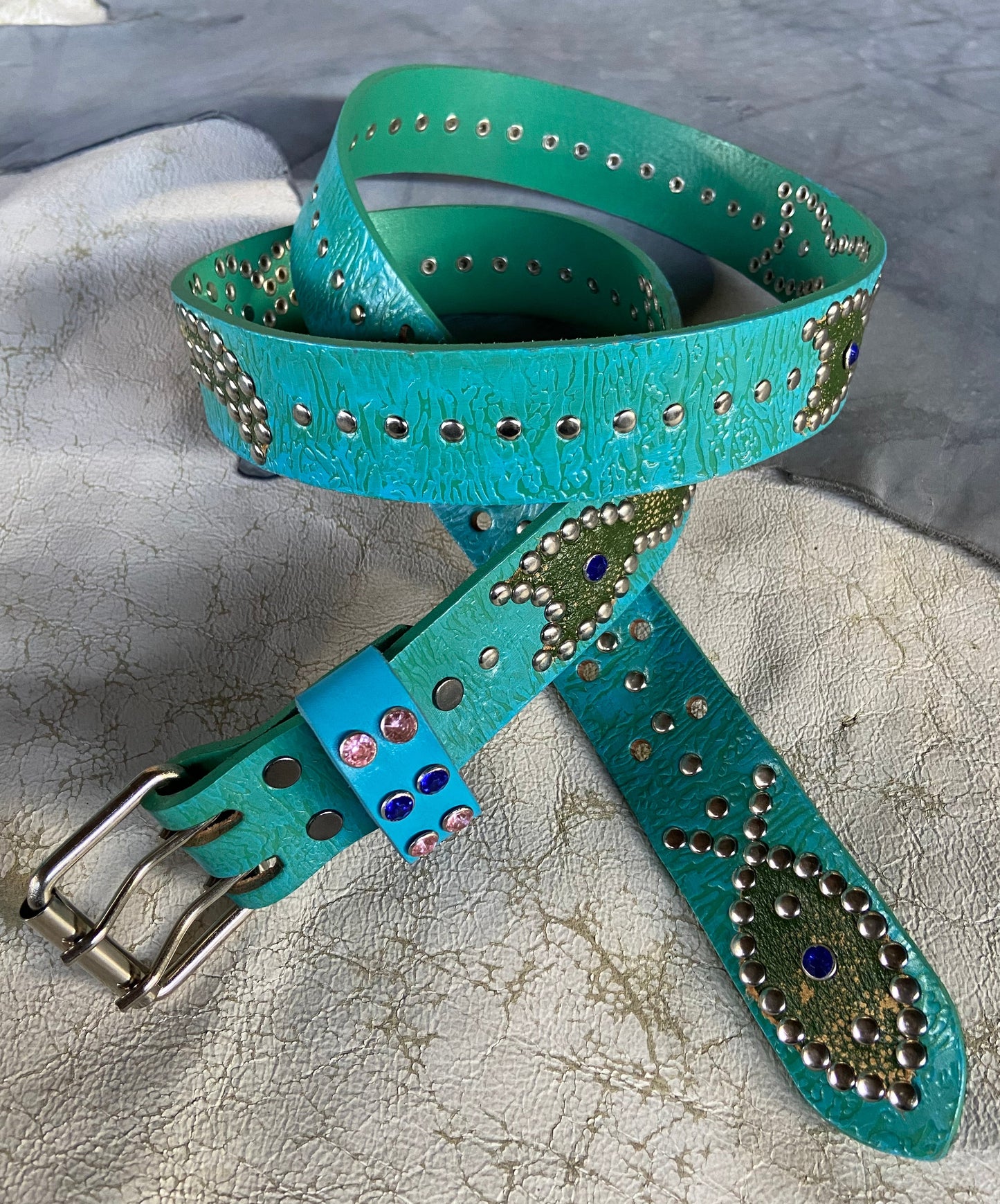 Reptile turquoise + sky blue Embossed Origins Belt (distressed green)