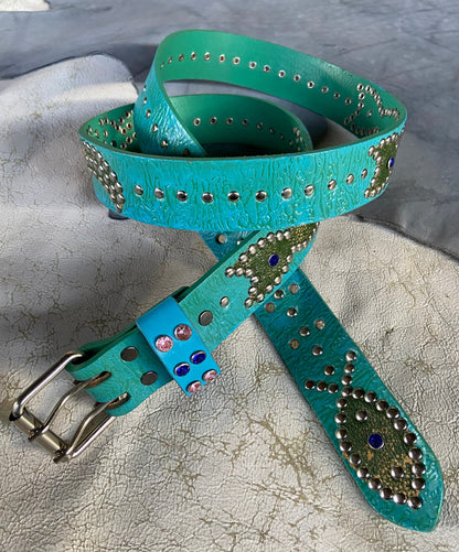 Reptile turquoise + sky blue Embossed Origins Belt (distressed green)