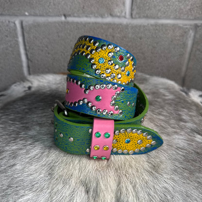 Ostrich Green + Blue Embossed Origins Belt (pink/yellow)