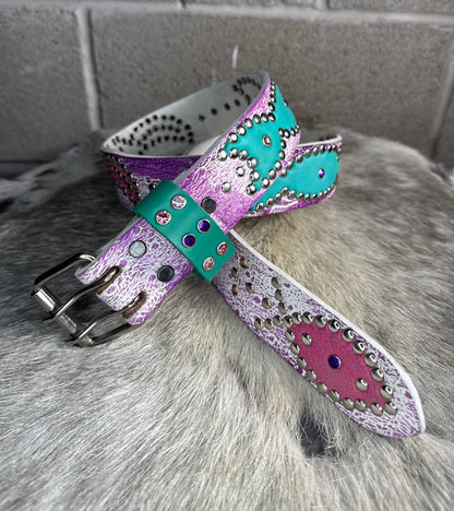 Ostrich White + Purple Embossed Origins Belt (turquoise)