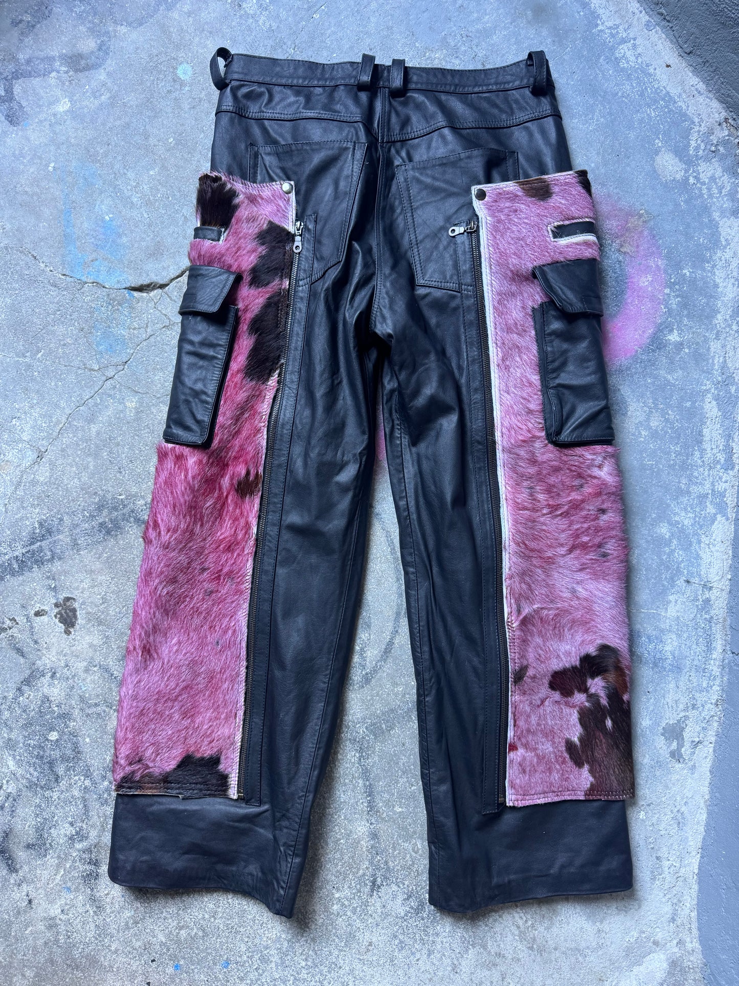 Pink cowhide cargo chaps