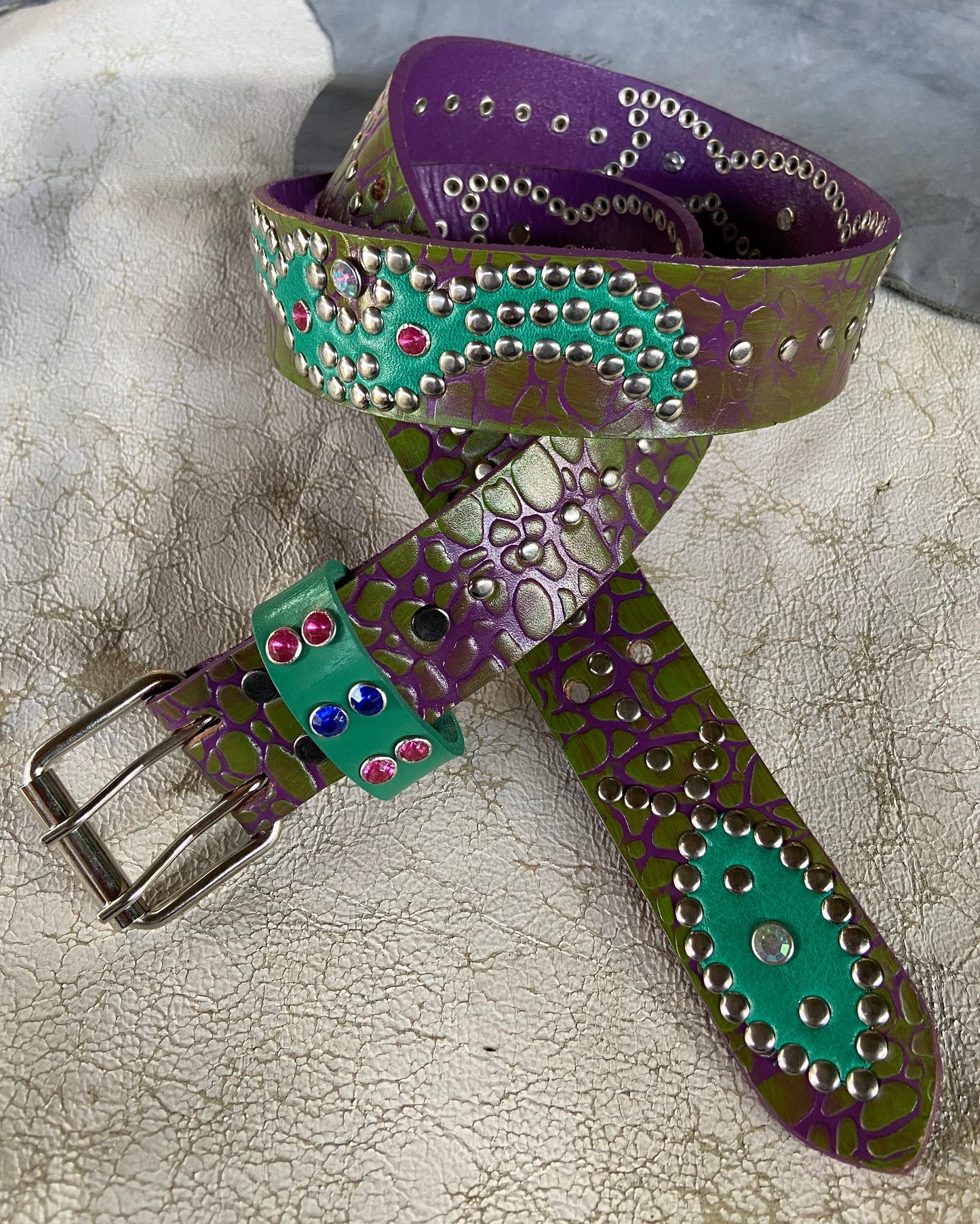 Elephant purple + green Embossed Origins Belt (waxed turquoise)