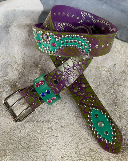 Elephant purple + green Embossed Origins Belt (waxed turquoise)