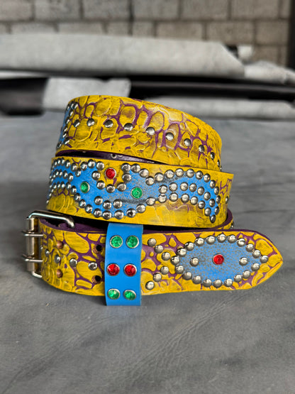 Elephant Yellow + purple Embossed Origins Belt (distressed blue)
