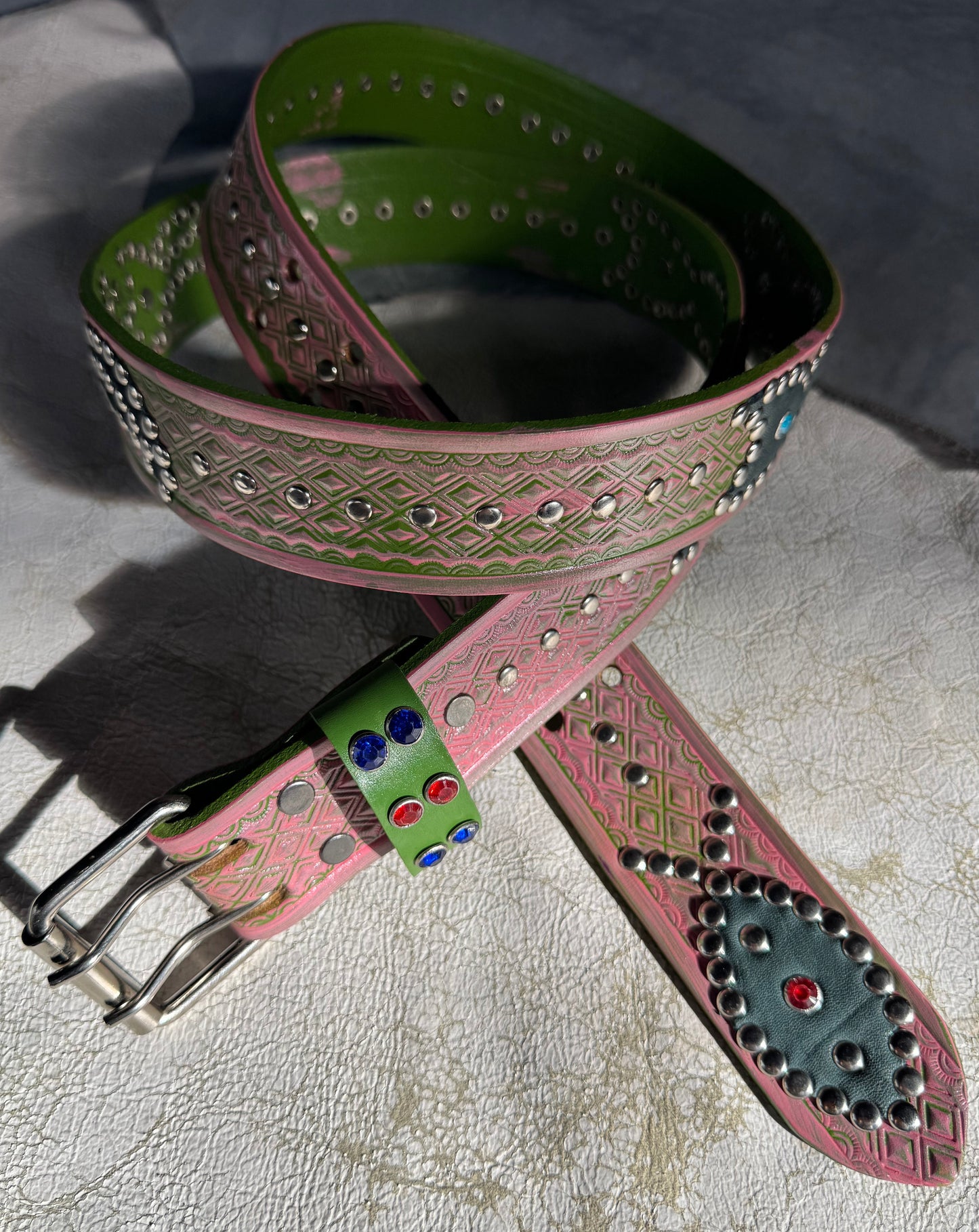 Traditional green + pink Embossed Origins Belt (grey)