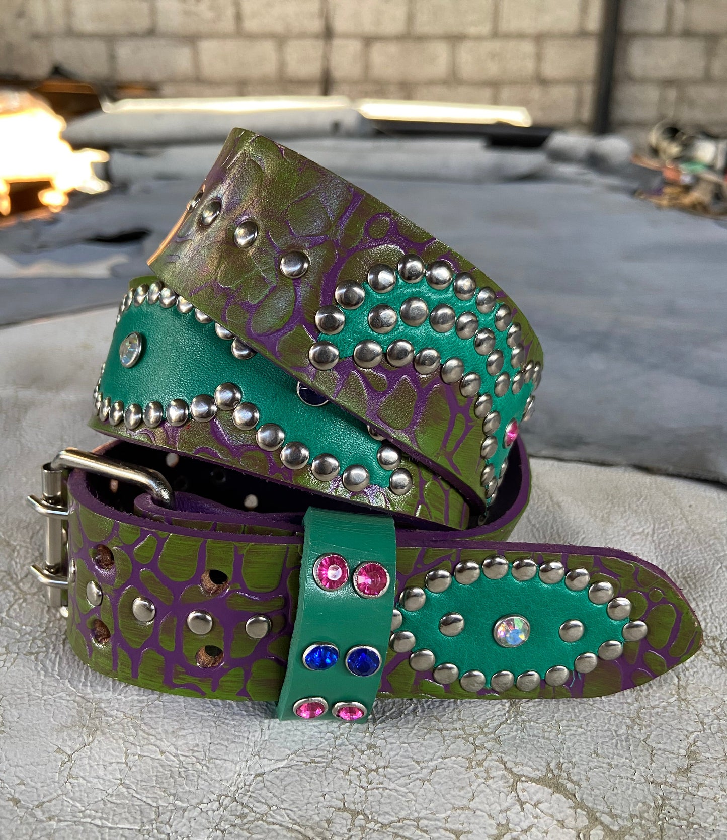 Elephant purple + green Embossed Origins Belt (waxed turquoise)