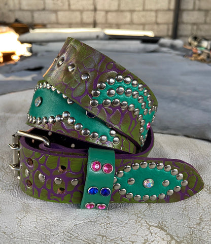 Elephant purple + green Embossed Origins Belt (waxed turquoise)