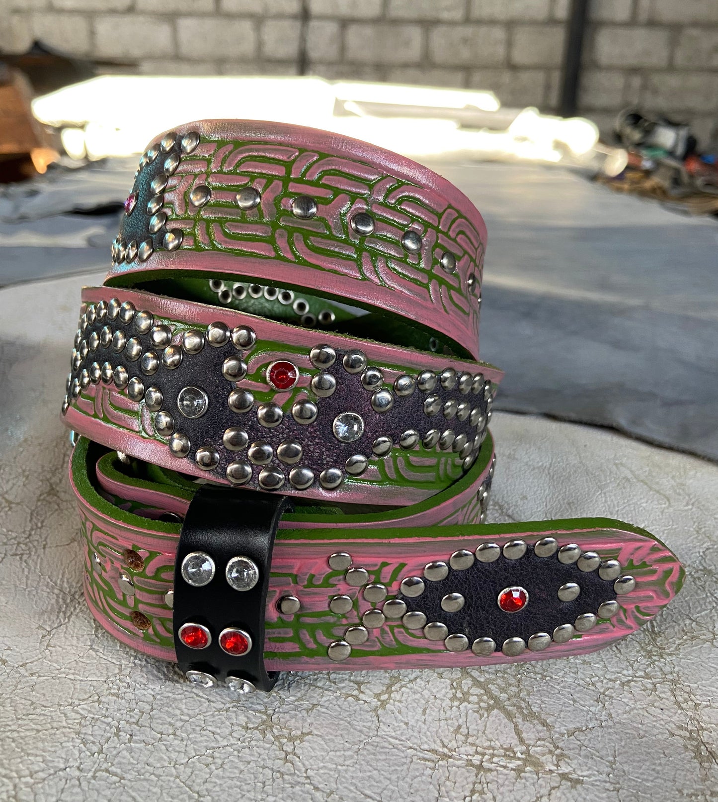 Traditional green + pink Embossed Origins Belt (distressed black/pink)