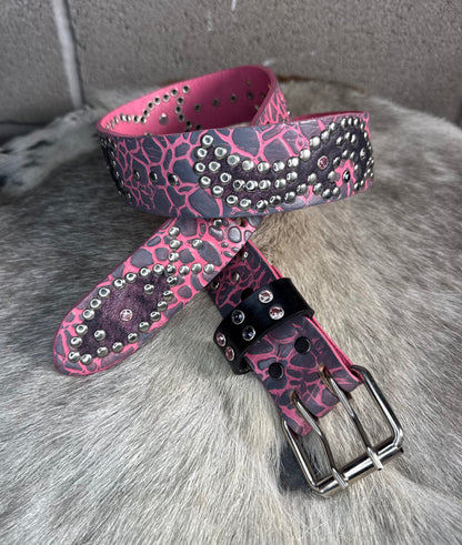Elephant Pink + Black Embossed Origins Belt (distressed pink/black)