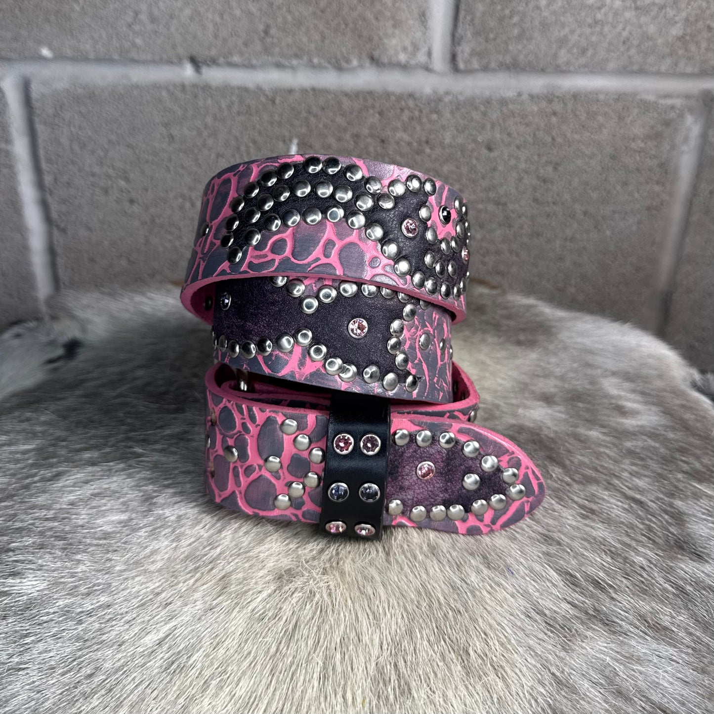 Elephant Pink + Black Embossed Origins Belt (distressed pink/black)