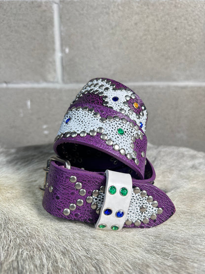 Ostrich Purple + Black Embossed Origins Belt (Distressed White)