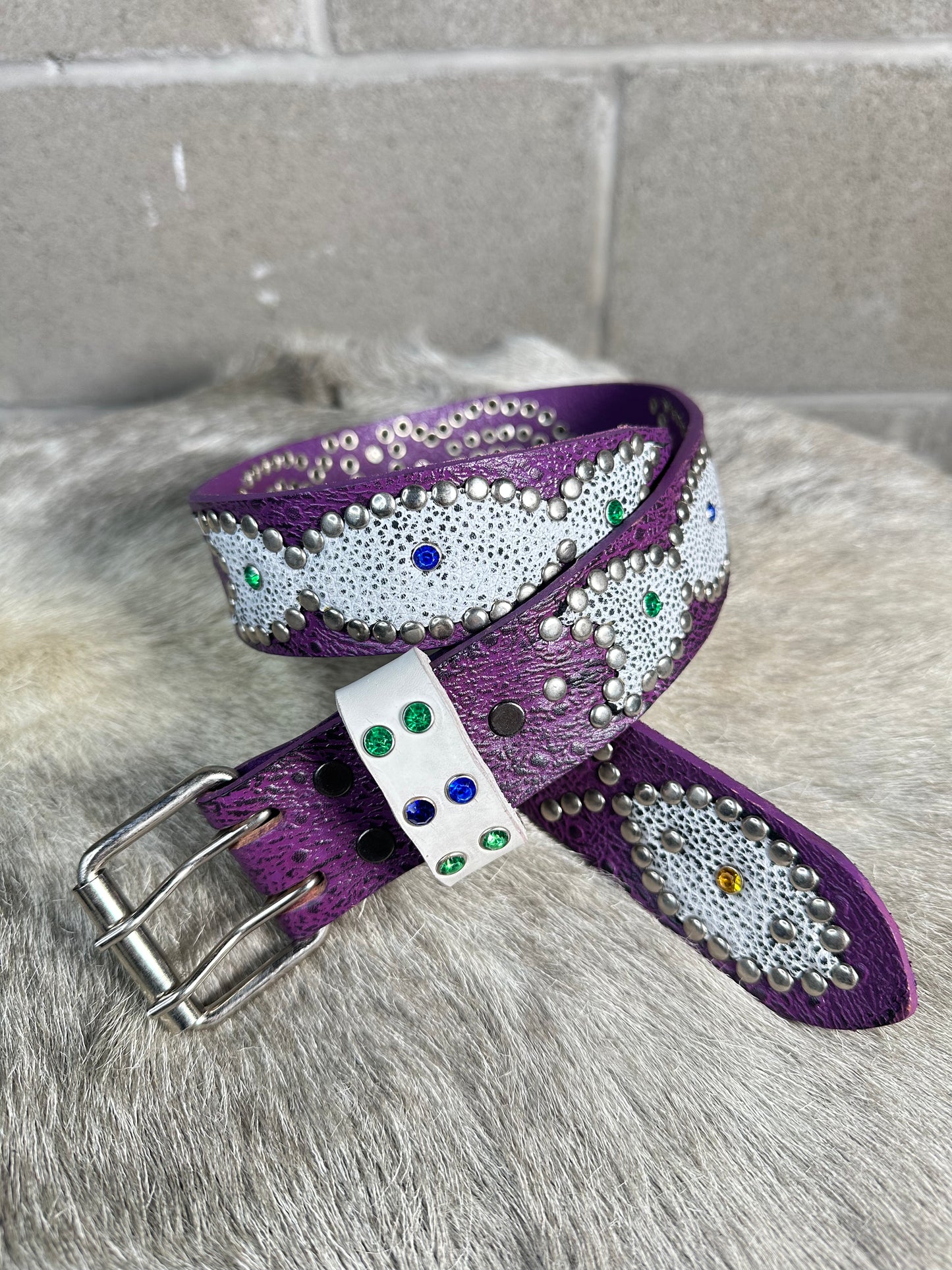 Ostrich Purple + Black Embossed Origins Belt (Distressed White)