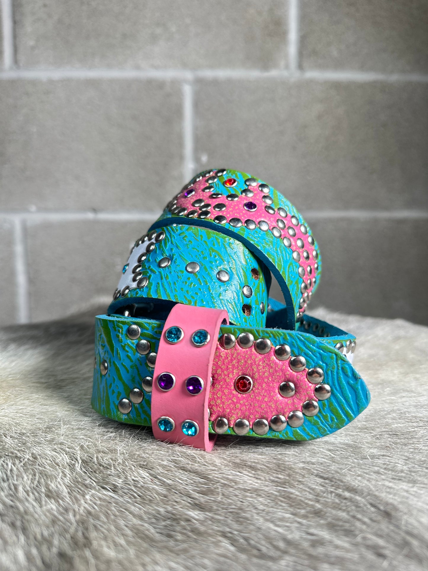 Reptile Turquoise + Green Embossed Origins Belt (Distressed Pink and White)