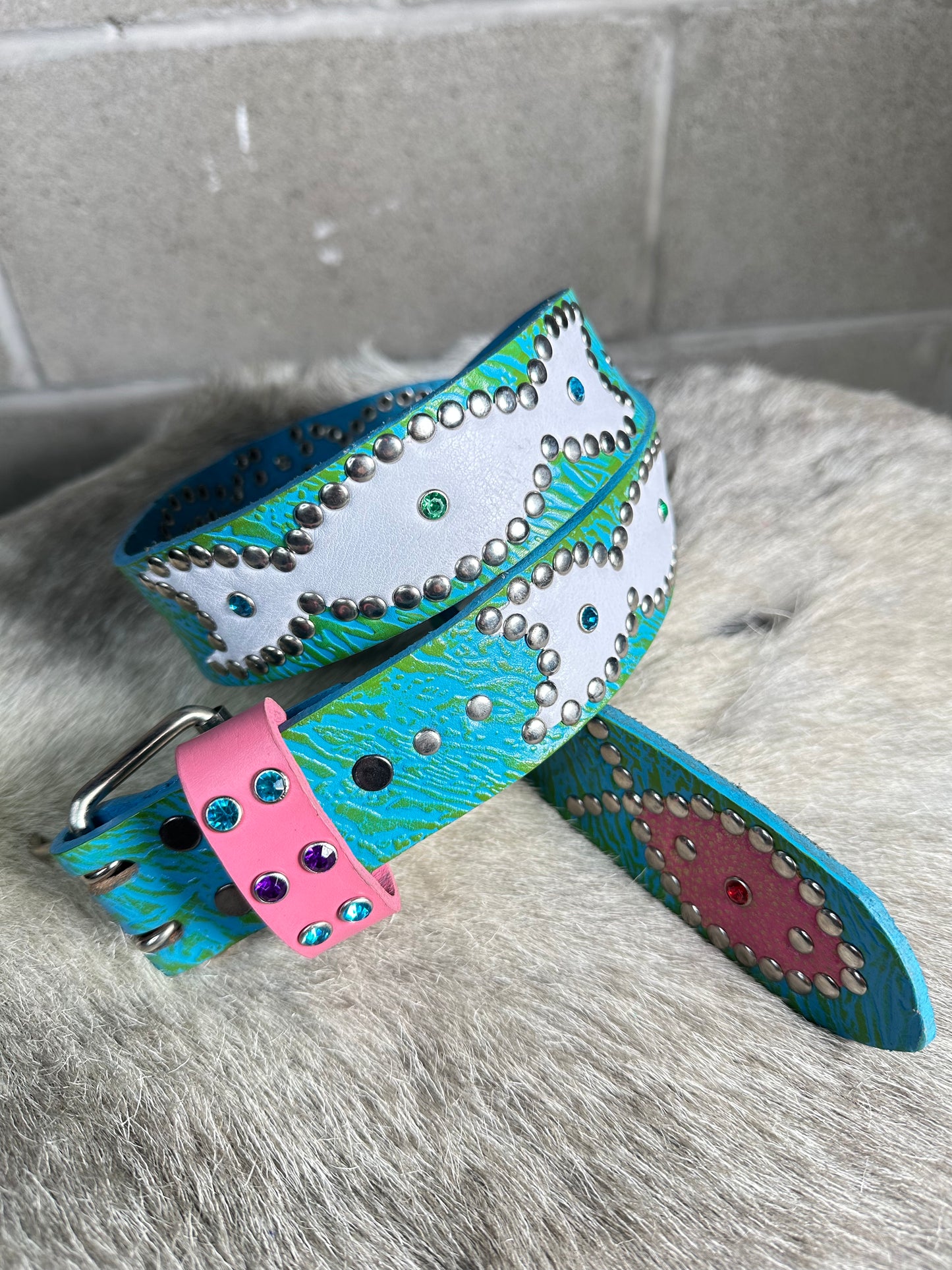 Reptile Turquoise + Green Embossed Origins Belt (Distressed Pink and White)