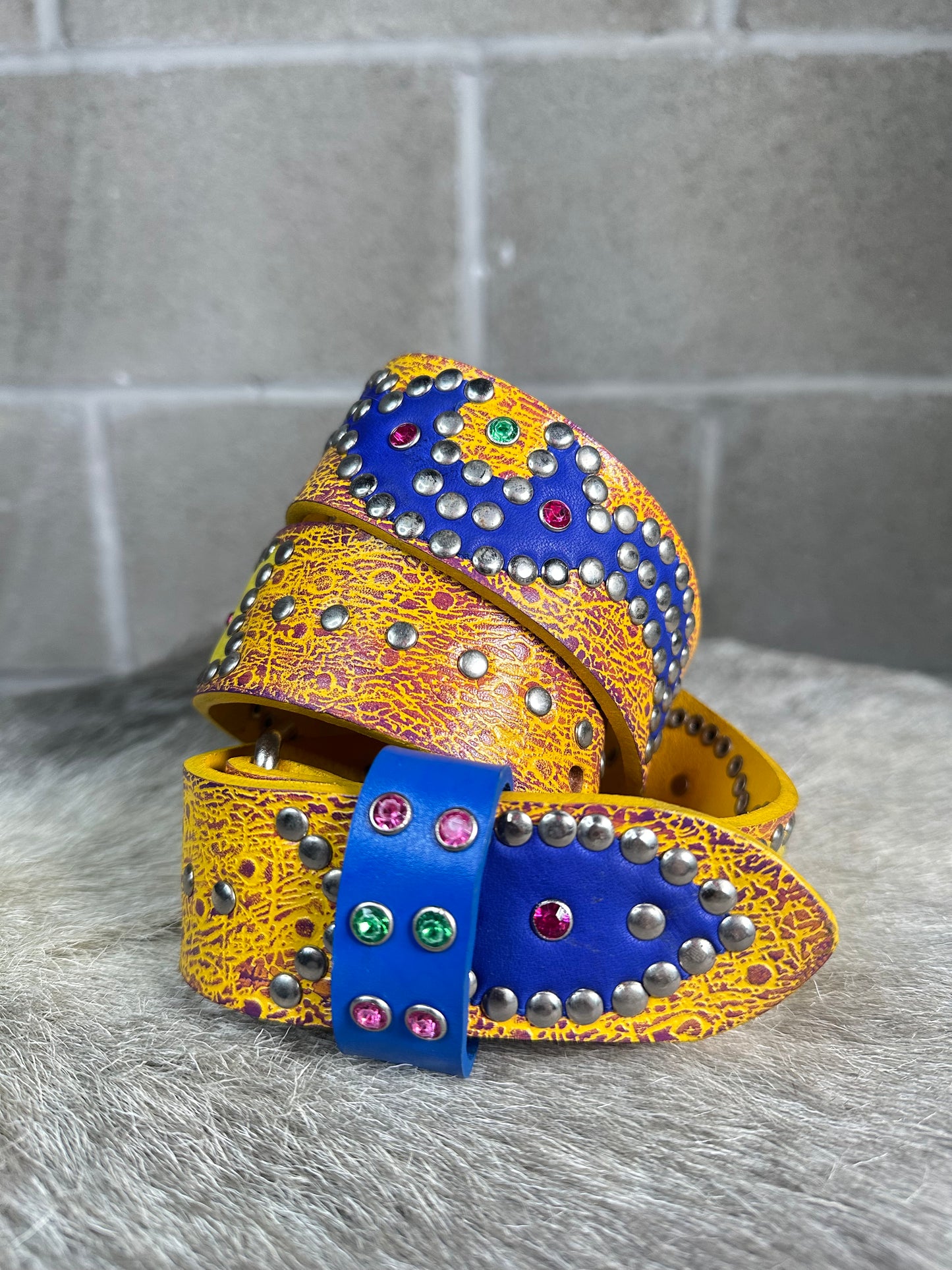 Ostrich Yellow + Purple Embossed Origins Belt (Yellow and Blue)