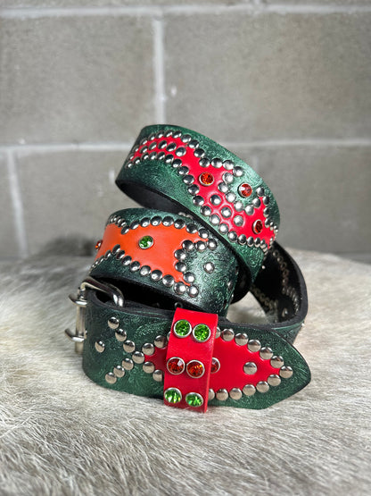 Paisley Green + Black Embossed Origins Belt (Red and Orange)