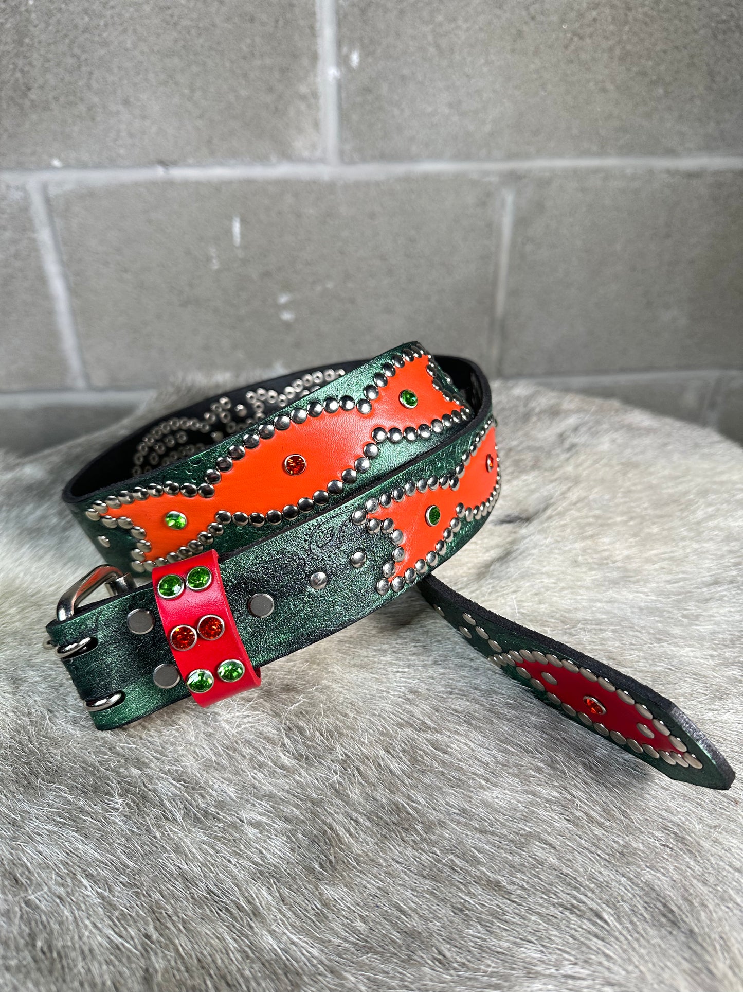 Paisley Green + Black Embossed Origins Belt (Red and Orange)