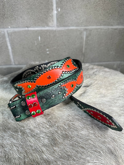 Paisley Green + Black Embossed Origins Belt (Red and Orange)
